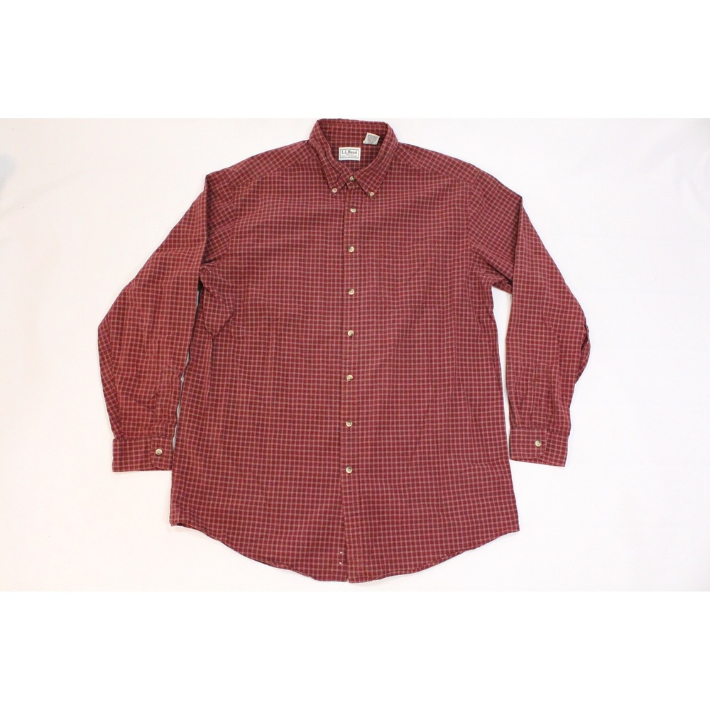 LL Bean Mens Large Tall Red Plaid Long Sleeve Button Down Cotton Shirt